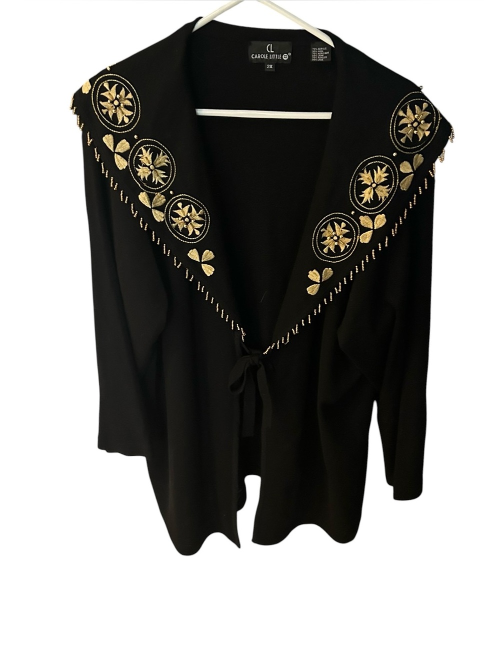 CAROLE LITTLE II Vtg Black Duster 2X Gold Embroidery Beads Fringed sweater Coat